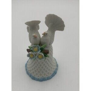 VTG Thanksgiving  White Porcelain  Honeycomb Bell with  2 Turkeys & Blue Flowers